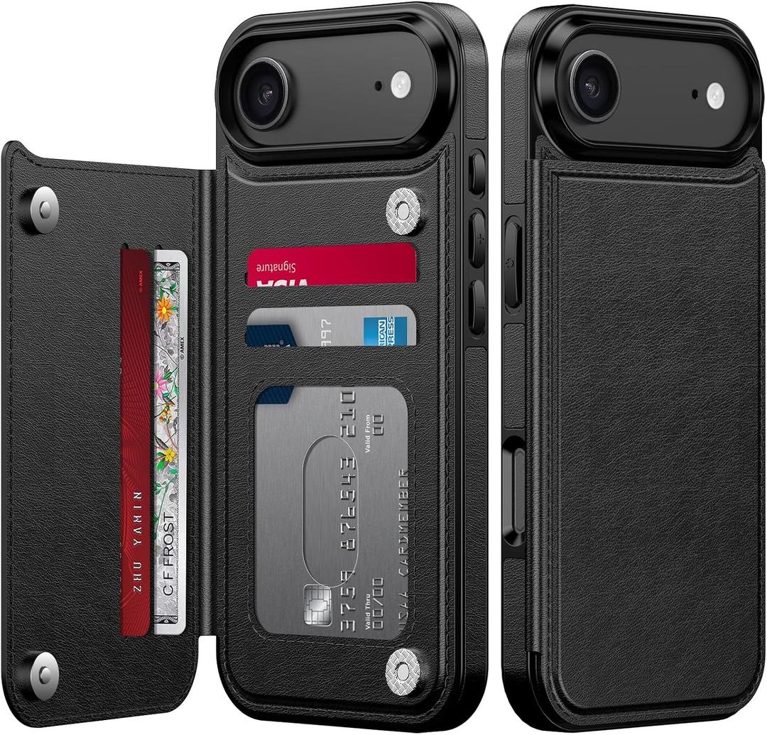 LETO for iPhone Air Wallet Case with Card Holder - Flip Folio Leather Kickstand - Fashionable Designs - Shockproof Protective Phone Cover for iPhone 17 Air Women and Girls - Black