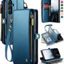 Defencase for Galaxy S26 Case Wallet with RFID Blocking Card Holder for Women Men, Elegant PU Leather Magnetic Snap Flip Wristlet Strap Zipper Wallet Phone Cases for Samsung Galaxy S26 5G 6.3", Blue