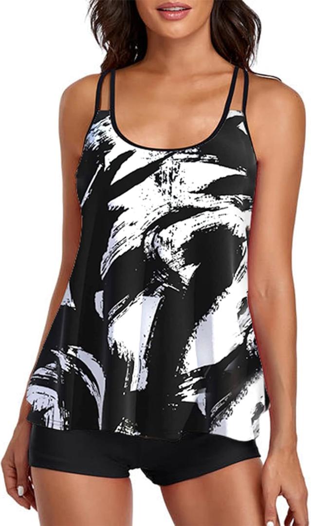 Urchics 2026 Women Two Piece Tankini Swimsuit Tummy Control Plus Size Long Torso Top and High Waisted Boyshorts Bathing Suits (3X-Large, Ink Wash Painting)
