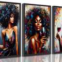 3Pcs African American Women Canvas Wall Art Colorful Graffiti Afro Wine Girl Painting Modern Abstract Aesthetic Pictures Wall Decor Poster Print Artwork for Living Room Bedroom Bar Decoration Unframed