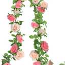 Greentime 2Pack Artificial Rose Flower Garland 6.5FT Fake Rose Vine for Wedding Arch Table Centerpiece Wall & Spring Decorations for Home Party Stairs Fireplace and Mirror Decor (Peach Deep Pink)