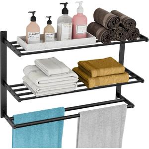 Towel Racks for Bathroom 24 Inch, 3 Tier Towel Shelf with Double Towel Bar, Wall Mounted Towel Rack SUS 304 Stainless Steel, Towel Storage for Bathroom Lavatory, Black