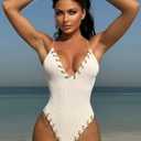 WODECASA Women's V Neck High Cut One Piece Swimsuit Ribbed Criss Cross Tie Back Bathing Suit Monokini (Beige, L)