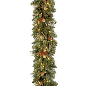 National Tree Company 9 ft Pre-Lit Carolina Pine Artificial Christmas Garland, Christmas Decoration with Pinecones, 100 Clear Lights, 240 Tips, Green