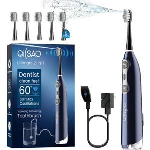 3-in-1 Upgraded Pro Flossing Toothbrush-Flosses, Vibrates and Oscillates(The 1st Tech), Electric Toothbrush with Water Flosser Equipe 5 Brush Heads, Plaque Removal for Sensitivity, Braces-Blue