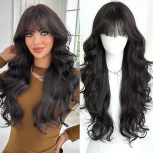 PARK YUN Black Hair Long Wavy Wig With Bangs 30 Inches Sthetic Thick Wig Heat Resistant Ladies Body Wave Wigs For Black Women Natural Looking Daily Party Use