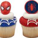 DecoPac Marvel's Spider-Man Spider and Mask Rings, Spider-Man Cupcake Decorations, Red and Blue Food Safe Cake Toppers 24 Pack