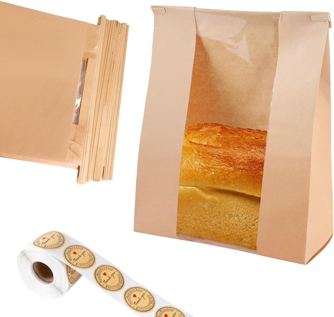 Dualshine 100 Pcs Kraft Paper Bread Bags with Window - 14" x 8.3" x 3.5" with Tin Strip and 500 Pcs Seal Stickers for Bakery, Bread, Cookies (Brown)