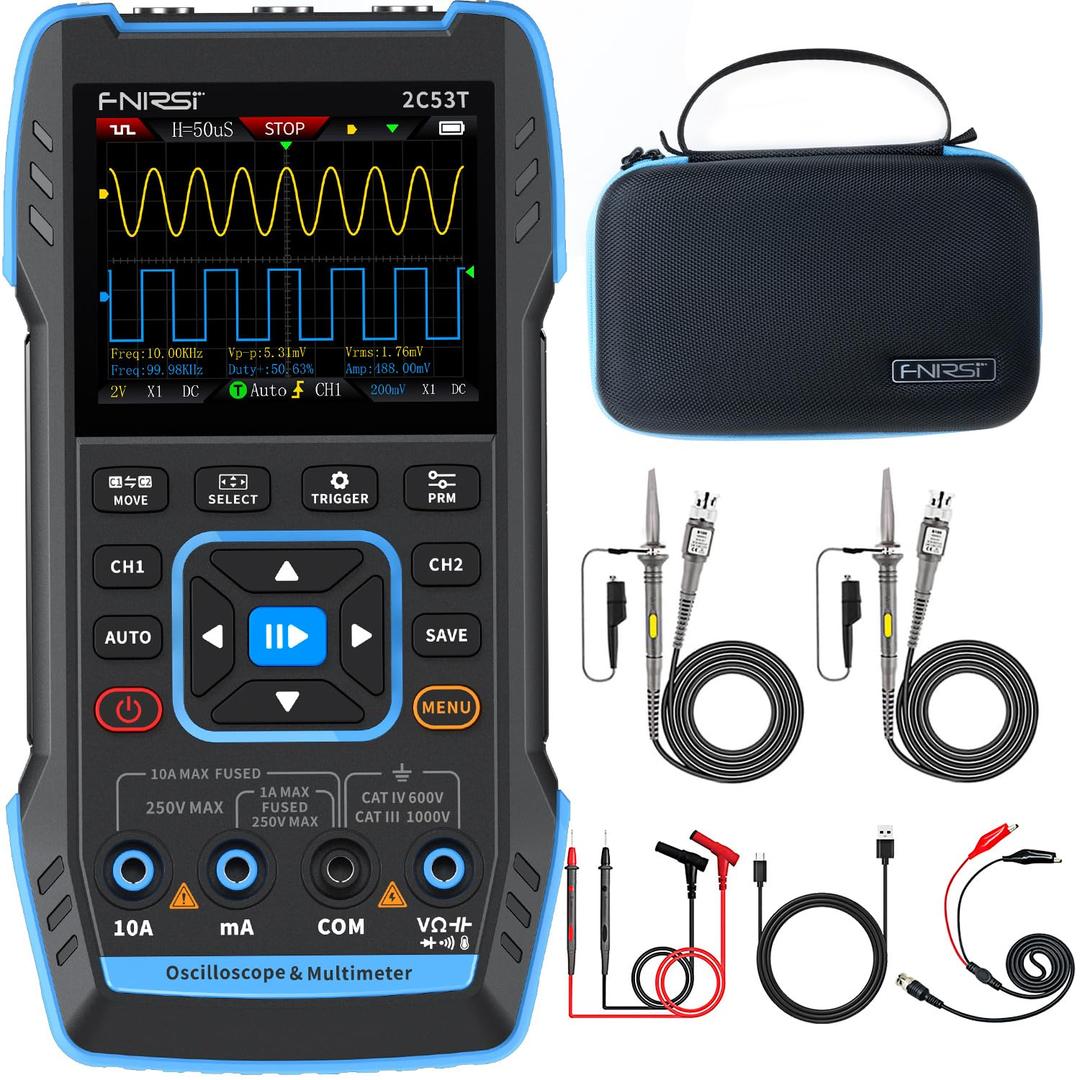 FNIRSI 2C53T Upgraded Handheld Oscilloscope, 50MHz Bandwidth, 3IN1 Digital Oscilloscope Multimeter DDS Generator, 250MS/s Sampling Rate, 19999 Counts, Voltage, Current, Capacitor, Resistor, Diode Test