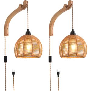 Plug in Wall Sconce,Farmhouse Wicker Wall Lamp Plug in,Hand Woven Rattan Wall Light Farmhouse Rustic Boho Sconces Wall Lighting for Living Room Bedroom