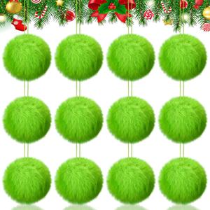Gejoy 12 Pcs Lime Green Furry Christmas Ball Ornaments for Xmas Tree Green Christmas Hanging Decorations Soft Faux Fur Pom Pom Ball Ornaments for Home Party Supplies Fireplace Mantel Wall Decor