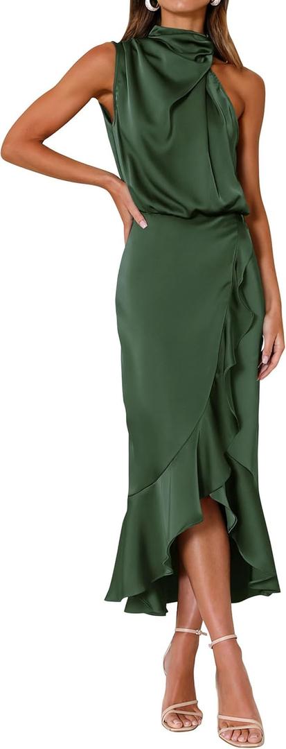 KIRUNDO Women 2026 Spring Summer Satin Mock Neck Wedding Guest Party Cocktail Midi Dress Sleeveless Wrap Ruffle Formal Dress (Medium, Army Green)