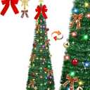 TURNMEON 6 Ft Pop Up Tinsel Christmas Tree Dual Color Change Lights DIY Ornaments Star 18 Ball 10 Bow Skinny 1 Minute Xmas Tree Warm White & Multicolor Light Timer Christmas Decorations Holiday Indoor