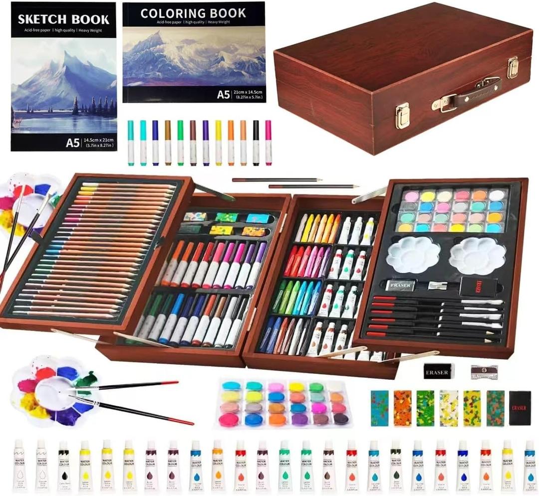 KINSPORY Art Sets, 139 Pack Painting Drawing Art Supplies Kit with 2 Sketch Pads, Deluxe Double Layers Crafts, Colored Pencils, Oil Pastels, Watercolor Paints, Gift for Artists Kids (Brown)
