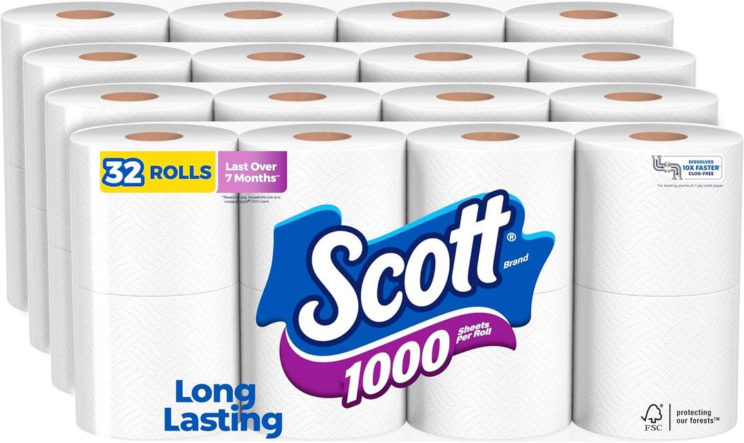 Scott 1000 Toilet Paper, 32 Rolls, Septic-Safe, 1-Ply Toilet Tissue , White