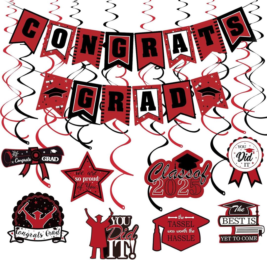 Red and Black Congrats Grad Banner and 2026 Graduation Hanging Swirls, Congrats Grad Sign Decorations Congratulations Graduate Banner for Red Black Congratulations Graduation Party Decorations 2026