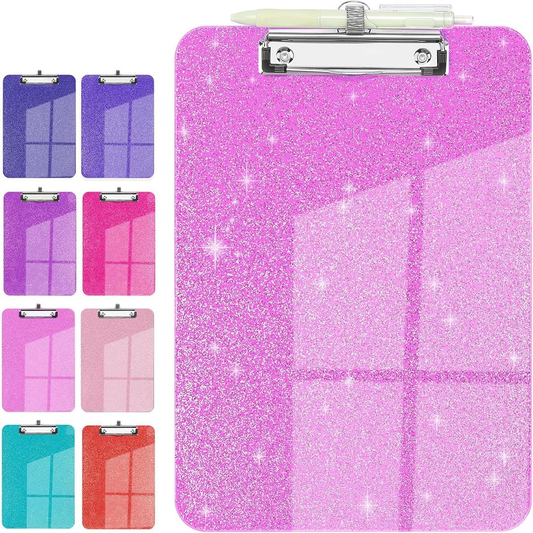 Sparkly Clipboard with Pen Holder, Clear Plastic Glitter Clip Board, Hanging Shiny Clipboards with Low Profile Metal Clip, Letter A4 Size for Taecher Women Office School (Rose Pink)