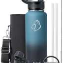 BUZIO 40 oz Water Bottle Insulated with Straw & 3 lid and Carrying Pouch, Leak Proof Anti-Slip Stainless Steel Water Flask Jug, Cold for 48 Hrs Double Vacuum Thermo Canteen, BPA-Free, Indigo Crush