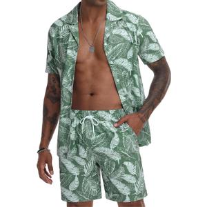 CRYSULLY Mens Hawaiian Two Piece Matching Sets Summer Vacation Beach Outfits Tropical Cruise Button Down Shirts and Shorts (X-Large, Green & White Leaf)