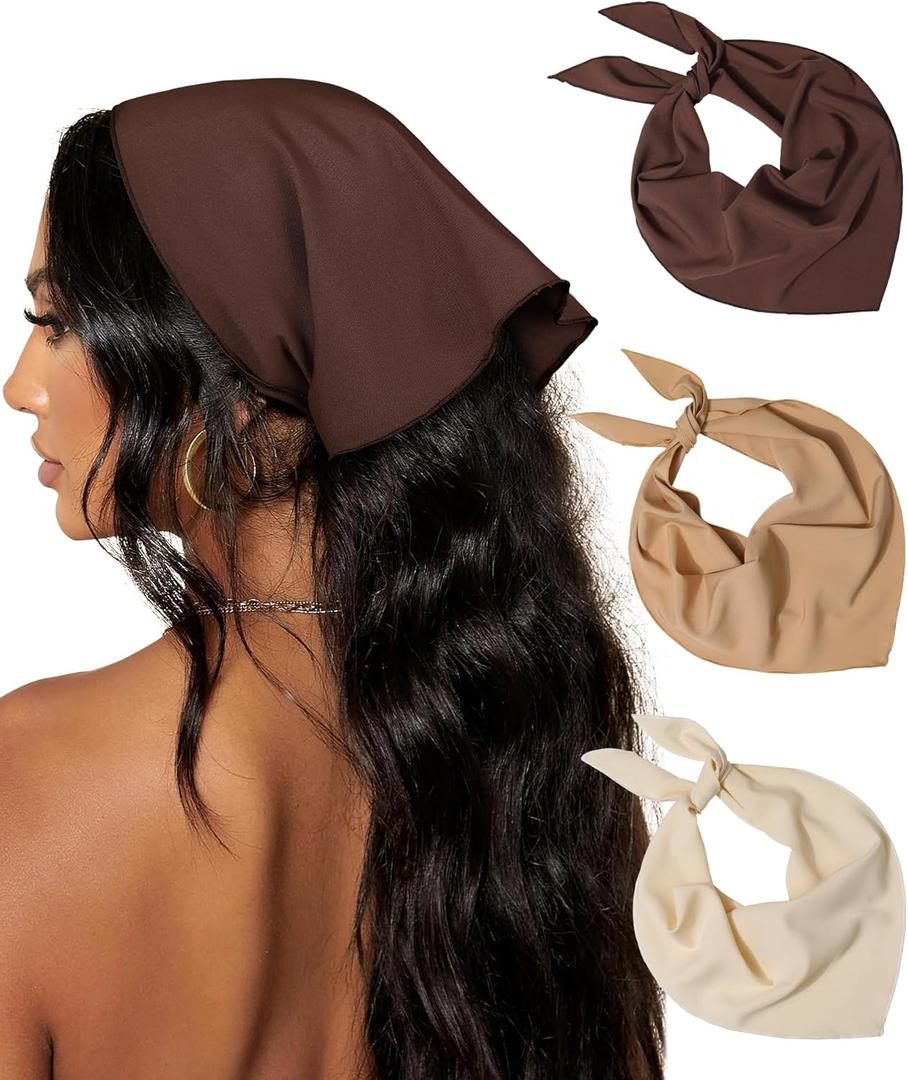 AWAYTR Pack of 3 Hair Bandanas Head Kerchief for Women Girls Tie-Back Boho Hair Scarf Headband Bandana Triangle Head Scarf (Solid Color - Beige / Khaki / Brown)