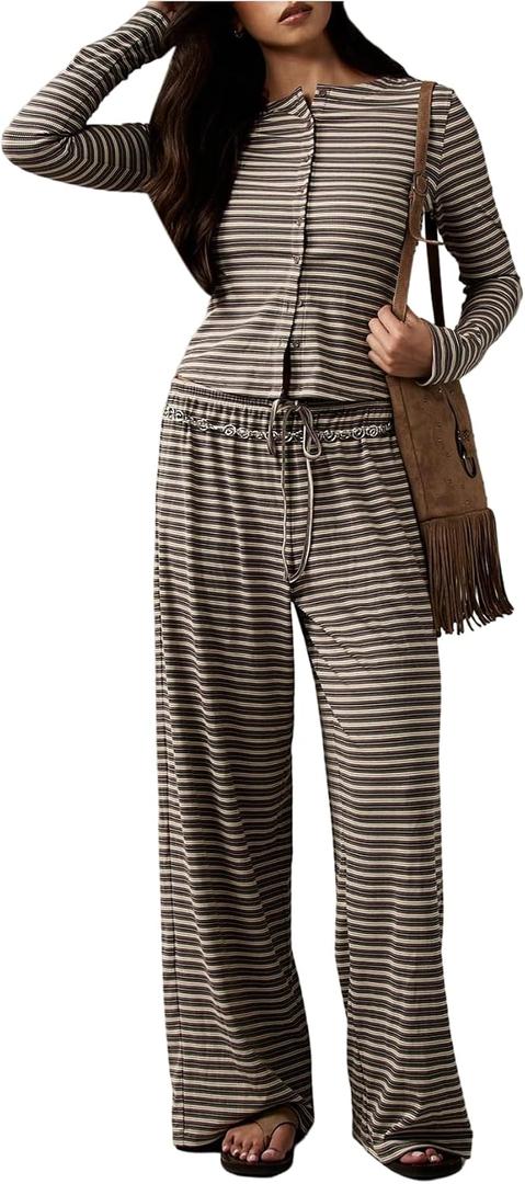 WDIRARA Women's Striped 2 Piece Pants Outfits Long Sleeve Button Down Knit Top Set Leisure Fall Casual, XS