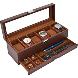 ProCase Watch Box for Men, 6 Slot Watch Display Case with Drawer, Mens Watch Case With Glass Lid, 2-Layer Jewelry and Watch Storage Watch Holder Organizer for Men Women -6 Slot, Espresso