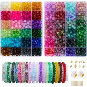 2 Pack More Than 1300PCS Round Glass Beads for Jewelry Making,48 Colors 8mm Crystal Beads for Bracelets Jewelry Making and DIY Crafts, 2 Box Round Beads Suitable for Beginners. (Solid + Printing)