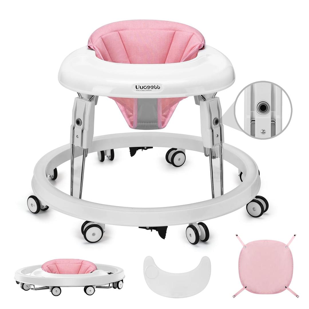 One-Touch Folding Baby Walker, Anti-Roll 8-Wheel Round Chassis, 7-Speed Height Adjustment, with Large Dinner Plate and Brake, 6-18 Months Baby Walker, Pink.