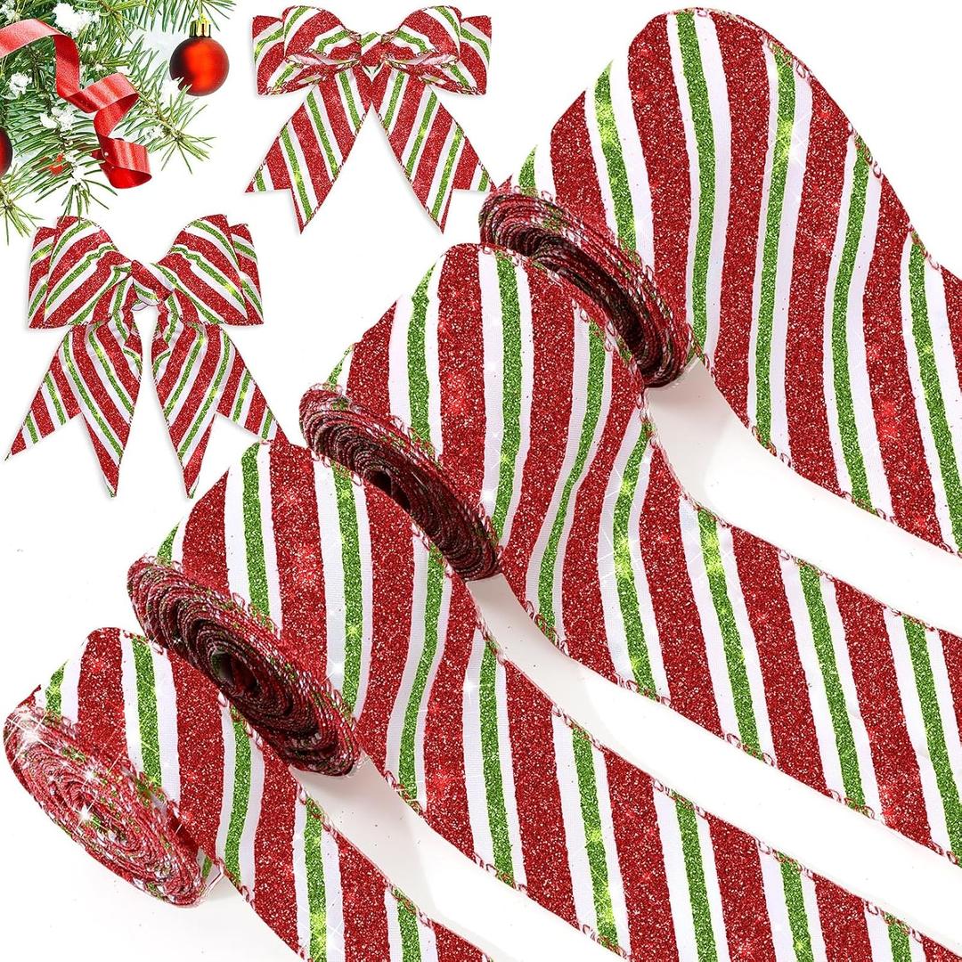 Ysleen 3 Rolls 24 Yards Christmas Red Green Ribbons Glitter Candy Cane Wired Ribbons for Christmas Tree Craft Gift Wrapping Decorative Supplies