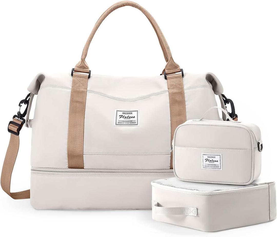Travel Duffle Bag for Women,Weekender Overnight Bag with Shoe Compartment,Carry on Personal Item Travel Bag,3 Pcs Set,Beige & Brown