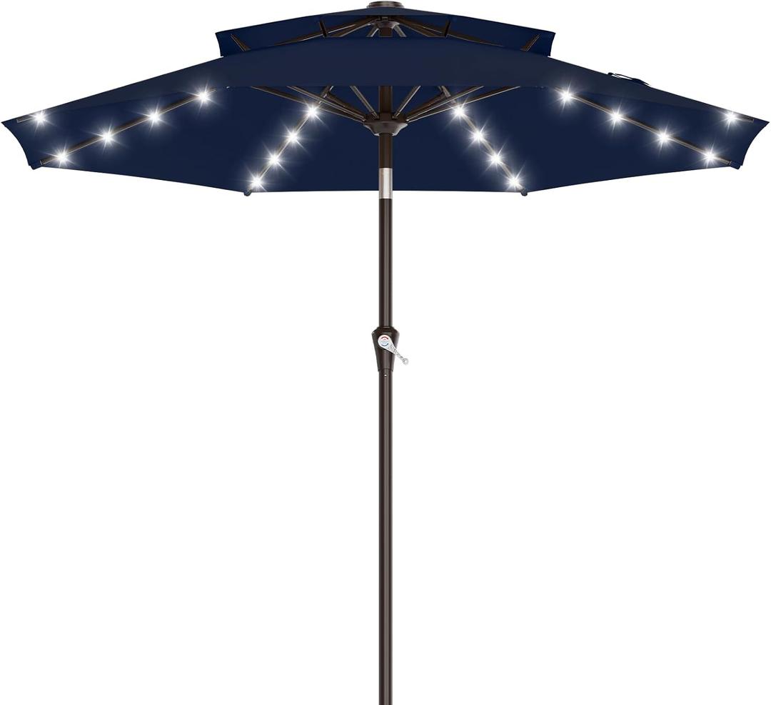 AreShark 9ft 2 Tiers Patio Umbrella with Solar Lights, Outdoor Umbrella w/ 32 LED Lights&8 Sturdy Ribs, Table Umbrella for Deck, Backyard, Pool(Navy)