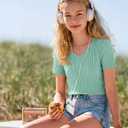 4 Pack Girls Short Sleeve Shirts Ribbed V Neck Tops Fitted Kids Soft Basic Tees Summer