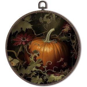 XNXLDYLH Vintage Fall Pumpkin Round Framed Wall Art Decor, Dark Cottagecore Antique Hanging Wall Decor Decorations, Dark Academia Fall Autumn Canvas Prints Wall Art Paintings for Living Room, 10x10In