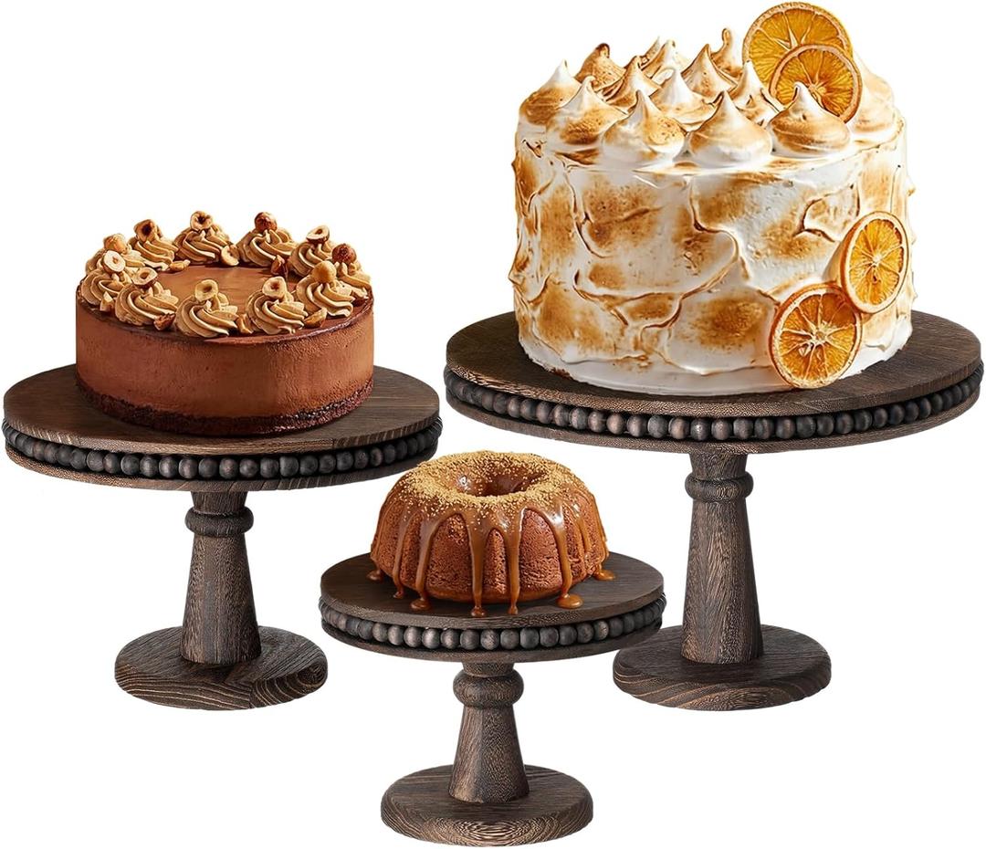 AceOrbit 3 Pcs Round Wood Cake Stand Set Beaded Wooden Rustic Farmhouse Cupcake Pedestal Stand 8/10/12 Inch Dessert Display Serving Tray for Wedding Birthday Decoration Party Restaurants