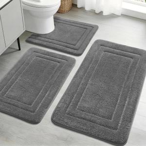 YIHOUSE Bathroom Rugs Sets 3 Piece, Towel-Like Soft Absorbent Thick High Density Memory Foam Bath Mat Set, Non-Slip Machine Washable Bath Rugs for Bathroom, Tub & Shower, Dark Grey