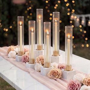 NUPTIO Candlestick Holder with Fluted Hurricane: Set of 6 Metal Candle Holders with Glass Cylinders - Gold Taper Candleholders for Birthday Valentine Wedding Table Centerpiece Outdoor Decor