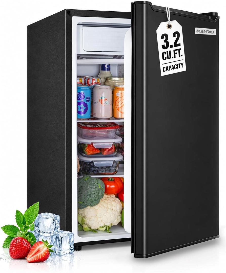 Igloo 3.2 Cu.Ft. Mini Fridge with Freezer - Single Door Compact Refrigerator with Glass Shelves for Homes, Dorms & Offices- Keep Snacks, Drinks & Frozen Foods Cool with Temperature Control Mini Fridge