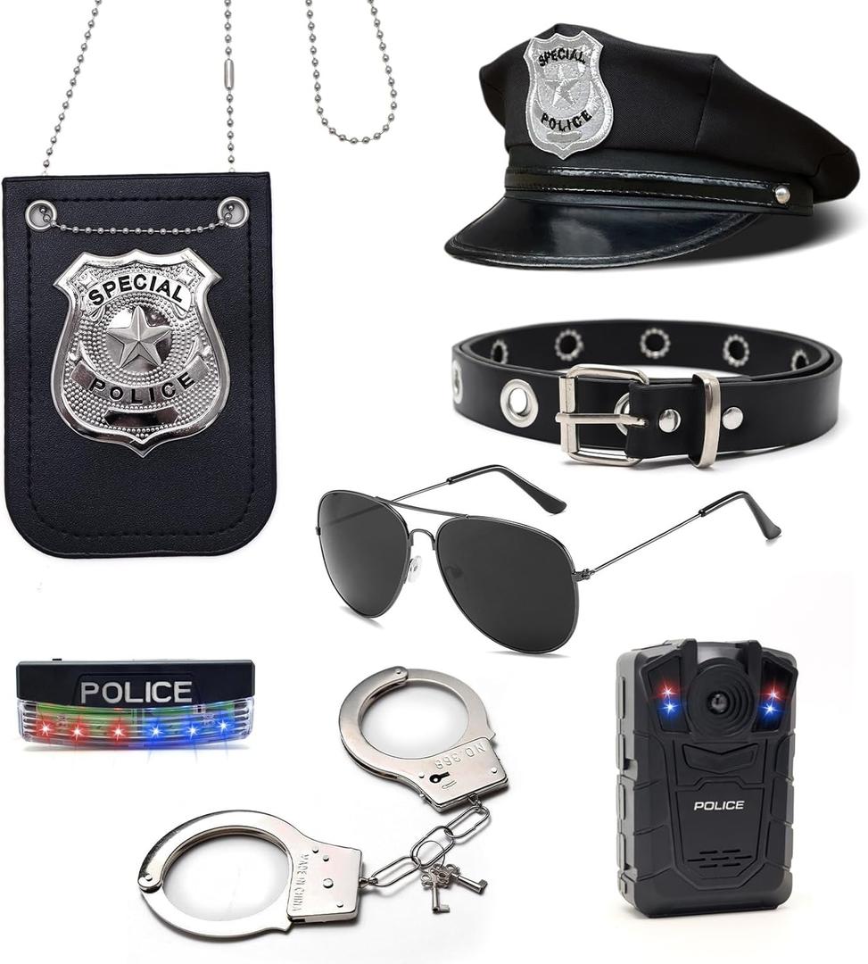 Police Costume Accessories Kit, 7PCS, Cop Hat and Badge Glasses Belt Logger Shoulder Light (Flash)