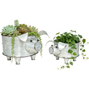 Galvanized Metal Pig Succulent Planter Farmhouse Pig Shaped Bowl Metal Pig Tray Rustic Decor Set of 2