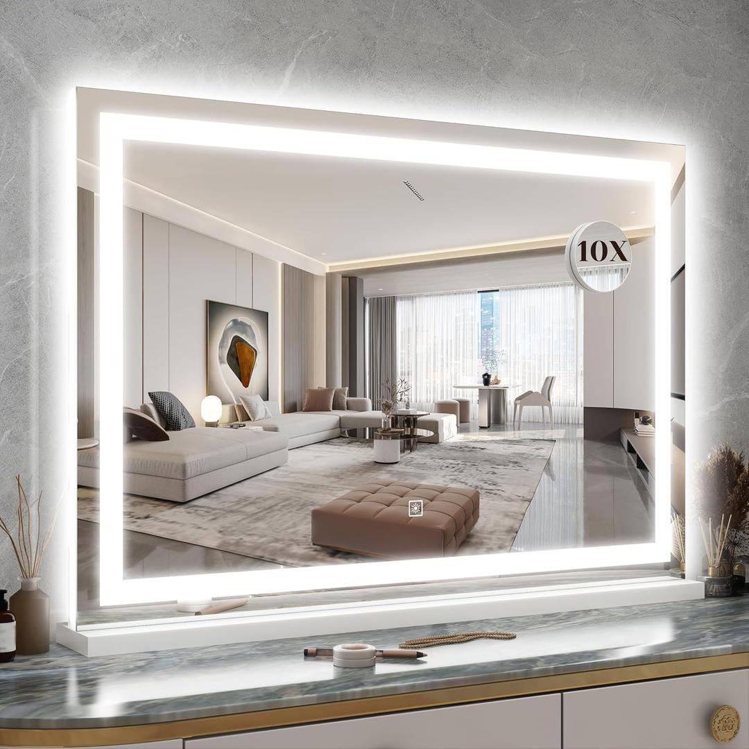 ROLOVE 31" x 22" Large Lighted Vanity Mirror with Lights, Dimmable 3 Modes, LED Makeup Mirror for Bathroom Dressing Room, Tabletop or Wall-Mounted, 10X Magnification, White