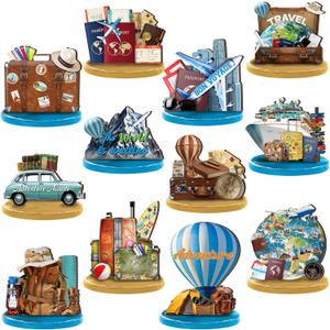Wesiti 12 Pcs Travel Table Decorations Wooden Travel Tabletop Centerpiece Adventure Awaits Party Decor Around the World Table Toppers for Let the Adventure Begin Going Away Party Supplies