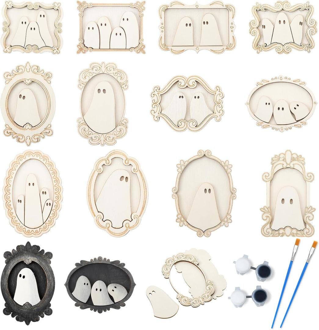 Simgoing 12 Set Wood Ghost DIY Frames Decorating Craft with Paint and Brush Unfinished Wooden Gift Ornaments Cute Ghost for Halloween Craft Art Party Supplies, Not Include Glue (Cute Style)