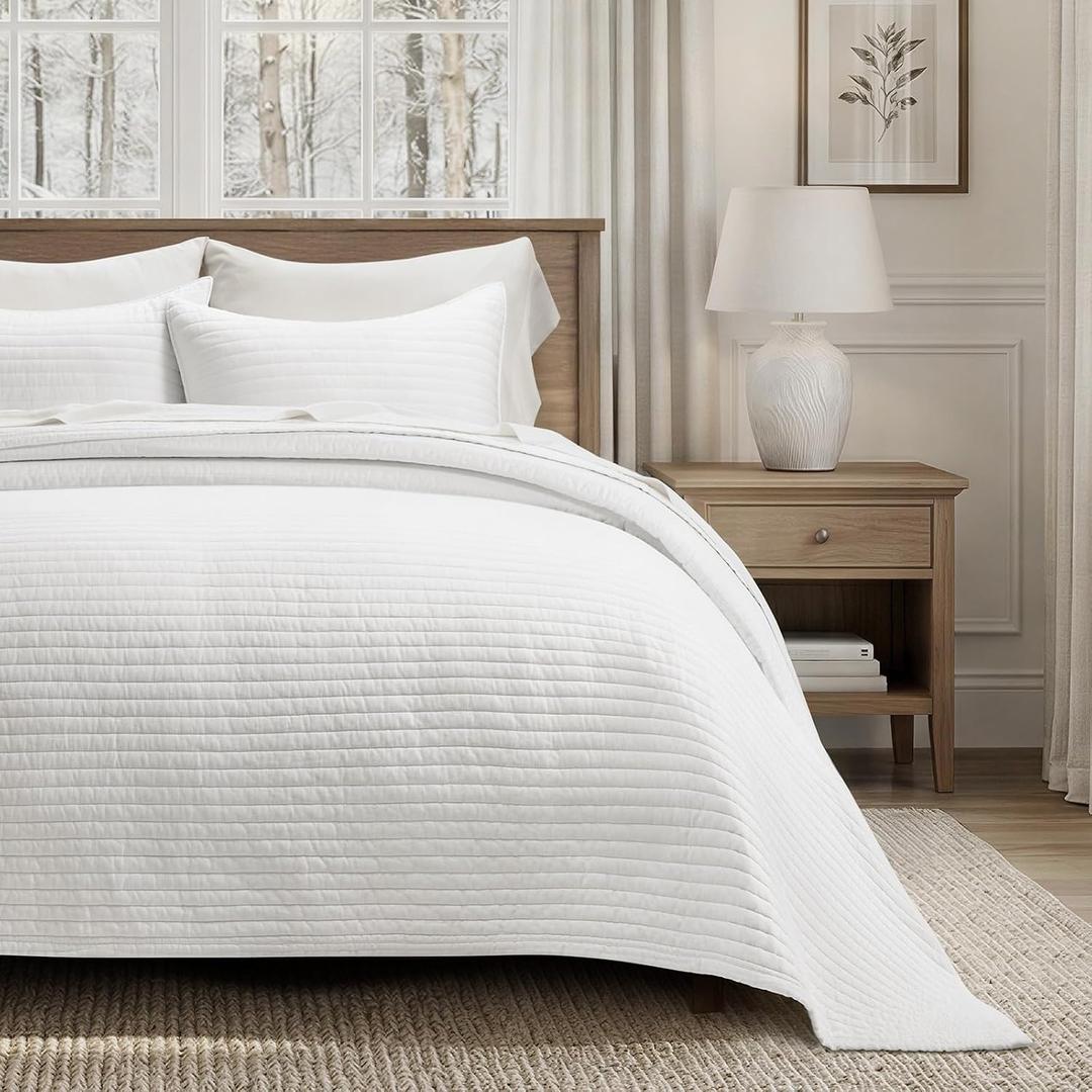 EVERGRACEHOME Cotton Sateen Quilt Set, Oversized Cal King, Bright White