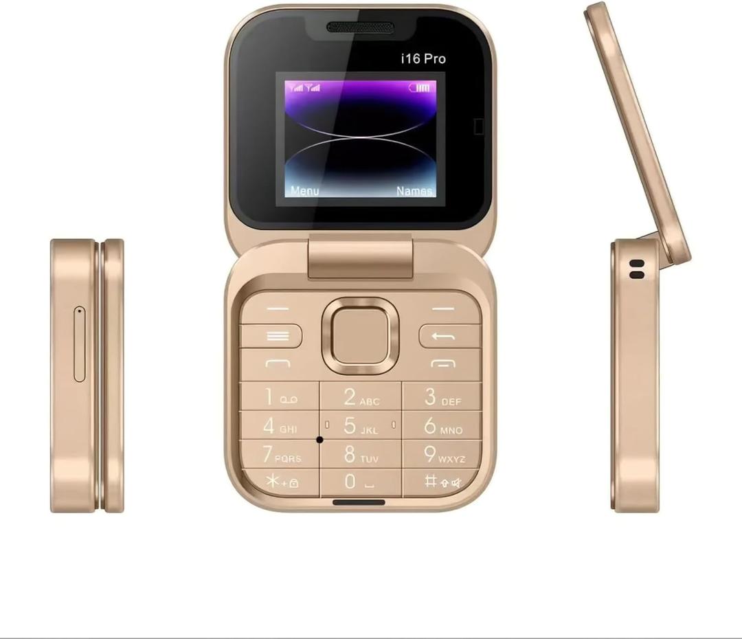 I16 Pro Mini Flip Phone, 1.77 Inch HD Display, Dual SIM 2G GSM, Foldable Design with Big Buttons, FM Radio, 32MB RAM, Multiple Colors, for Seniors (Gold)