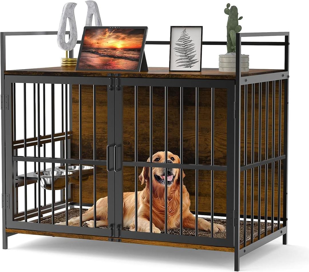41 Inch Furniture Style Large Dog Crate with 360° & Adjustable Raised Feeder for Dogs 2 Stainless Steel Bowls -End Table House Pad, Indoor Use Brown