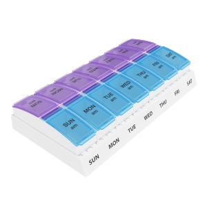 EZY DOSE Weekly AM/PM Pill Organizer, 7Day Vitamin Container and Daily Medication Box with Large PopOut Compartments, 2 Times a Day Pill Holder, Blue and Purple Lids, TravelFriendly Design