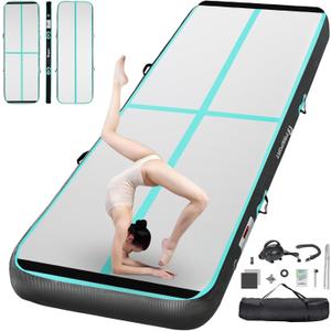 FBSPORT Inflatable Air Gymnastics Mat Training Mats 4/8 inches Thickness Gymnastics Tracks for Home Use/Training/Cheerleading/Yoga/Water with Pump (10ftL*3.3ftW*8inH, Black Green)