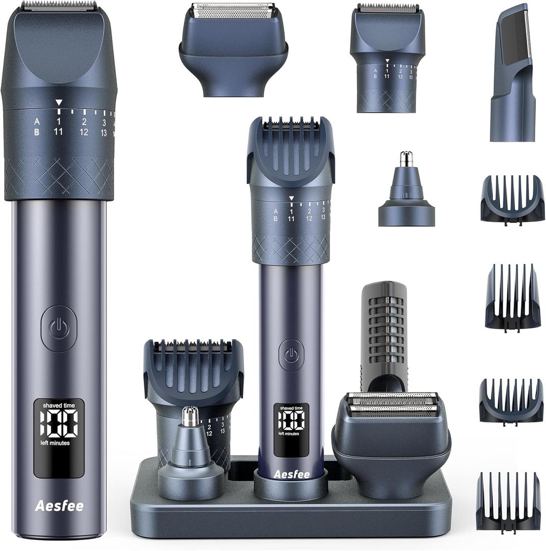 Beard Trimmer and Clippers Set for Men with Precise Dial Adjustable 20 Settings, All-in-One Electric Shavers Haircuts Kit Hair Trimmers for Body Nose - IPX7 Waterproof Wet and Dry, USB-C Charging Dock (Blue)