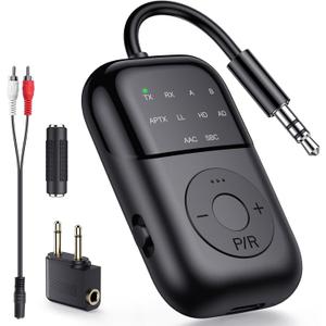 Bluetooth Transmitter Receiver, 2-in-1 Bluetooth 5.4 Adapter for TV, Airplane, Gym Equipment, Cars, PC, Supports to 2 Wireless Headphones, Cell Phones, Wireless Receiver for Car, Home Stereo- Black