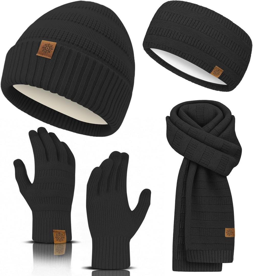Winter Beanie Hat Scarf Gloves Headband Set  Knit Beanie, Warm Scarf, Touchscreen Gloves & Ear Warmer, Gift for Women & Men (Black)